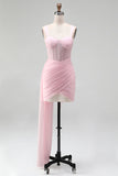 Espartilho cor-de-rosa com cordas franzidas, vestido de regresso a casa com faixa