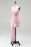 Espartilho cor-de-rosa com cordas franzidas, vestido de regresso a casa com faixa