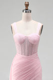 Espartilho cor-de-rosa com cordas franzidas, vestido de regresso a casa com faixa