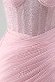 Espartilho cor-de-rosa com cordas franzidas, vestido de regresso a casa com faixa