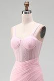 Espartilho cor-de-rosa com cordas franzidas, vestido de regresso a casa com faixa
