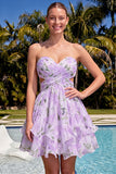 Sweetheart A-Line Rosa Floral, Franzidas, Vestido de Finalistas com Folhos e Laço
