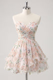 Sweetheart A-Line Rosa Floral, Franzidas, Vestido de Finalistas com Folhos e Laço