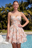 Sweetheart A-Line Rosa Floral, Franzidas, Vestido de Finalistas com Folhos e Laço