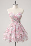 Sweetheart A-Line Rosa Floral, Franzidas, Vestido de Finalistas com Folhos e Laço