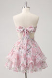 Sweetheart A-Line Rosa Floral, Franzidas, Vestido de Finalistas com Folhos e Laço