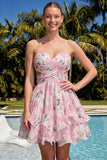 Sweetheart A-Line Rosa Floral, Franzidas, Vestido de Finalistas com Folhos e Laço