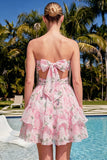 Sweetheart A-Line Rosa Floral, Franzidas, Vestido de Finalistas com Folhos e Laço