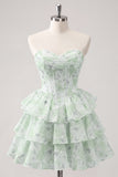 Espartilho floral cor-de-rosa em A-Line em camadas Vestido Curto de Regresso a Casa