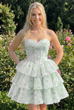 Espartilho floral cor-de-rosa em A-Line em camadas Vestido Curto de Regresso a Casa