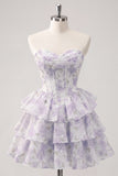 Espartilho floral cor-de-rosa em A-Line em camadas Vestido Curto de Regresso a Casa