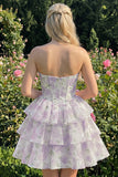 Espartilho floral cor-de-rosa em A-Line em camadas Vestido Curto de Regresso a Casa