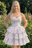 Espartilho floral cor-de-rosa em A-Line em camadas Vestido Curto de Regresso a Casa
