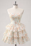 Espartilho floral cor-de-rosa em A-Line em camadas Vestido Curto de Regresso a Casa
