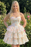 Espartilho floral cor-de-rosa em A-Line em camadas Vestido Curto de Regresso a Casa