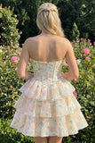 Espartilho floral cor-de-rosa em A-Line em camadas Vestido Curto de Regresso a Casa