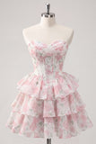 Espartilho floral cor-de-rosa em A-Line em camadas Vestido Curto de Regresso a Casa