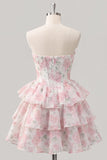 Espartilho floral cor-de-rosa em A-Line em camadas Vestido Curto de Regresso a Casa