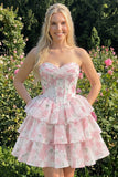 Espartilho floral cor-de-rosa em A-Line em camadas Vestido Curto de Regresso a Casa