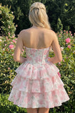Espartilho floral cor-de-rosa em A-Line em camadas Vestido Curto de Regresso a Casa