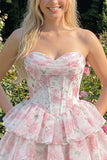 Espartilho floral cor-de-rosa em A-Line em camadas Vestido Curto de Regresso a Casa