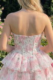 Espartilho floral cor-de-rosa em A-Line em camadas Vestido Curto de Regresso a Casa