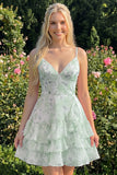 Vestido de regresso a casa, com alças finas em A-Line em camadas cor-de-rosa, com folhos