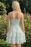 Vestido de regresso a casa, com alças finas em A-Line em camadas cor-de-rosa, com folhos