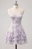 Vestido de regresso a casa, com alças finas em A-Line em camadas cor-de-rosa, com folhos