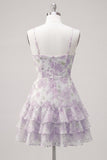 Vestido de regresso a casa, com alças finas em A-Line em camadas cor-de-rosa, com folhos