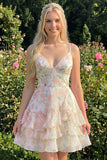 Vestido de regresso a casa, com alças finas em A-Line em camadas cor-de-rosa, com folhos