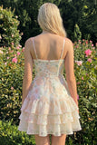 Vestido de regresso a casa, com alças finas em A-Line em camadas cor-de-rosa, com folhos