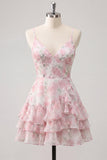 Vestido de regresso a casa, com alças finas em A-Line em camadas cor-de-rosa, com folhos