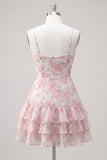 Vestido de regresso a casa, com alças finas em A-Line em camadas cor-de-rosa, com folhos