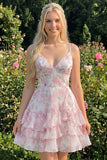 Vestido de regresso a casa, com alças finas em A-Line em camadas cor-de-rosa, com folhos
