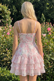 Vestido de regresso a casa, com alças finas em A-Line em camadas cor-de-rosa, com folhos