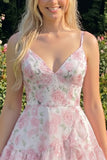 Vestido de regresso a casa, com alças finas em A-Line em camadas cor-de-rosa, com folhos