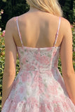 Vestido de regresso a casa, com alças finas em A-Line em camadas cor-de-rosa, com folhos