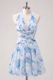 Vestido de regresso ao lar A-Line azul claro com decote halter floral e franzido