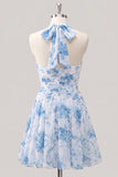 Vestido de regresso ao lar A-Line azul claro com decote halter floral e franzido