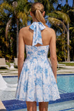 Vestido de regresso ao lar A-Line azul claro com decote halter floral e franzido