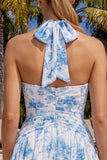 Vestido de regresso ao lar A-Line azul claro com decote halter floral e franzido