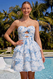 Vestido de Finalistas em Chiffon Floral em Pedaços Azul Claro