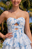 Vestido de Finalistas em Chiffon Floral em Pedaços Azul Claro