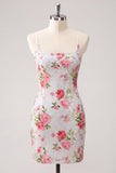 Bodycon branco brilhante com alças finas, lantejoulas florais, vestido de regresso a casa com renda nas costas