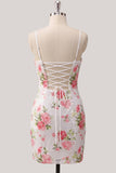 Bodycon branco brilhante com alças finas, lantejoulas florais, vestido de regresso a casa com renda nas costas