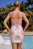 Bodycon branco brilhante com alças finas, lantejoulas florais, vestido de regresso a casa com renda nas costas