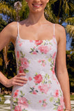 Bodycon branco brilhante com alças finas, lantejoulas florais, vestido de regresso a casa com renda nas costas
