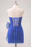 Azul-marinho sem alças, renda apertada nas costas, vestido curto de finalistas com laço