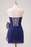 Azul-marinho sem alças, renda apertada nas costas, vestido curto de finalistas com laço
